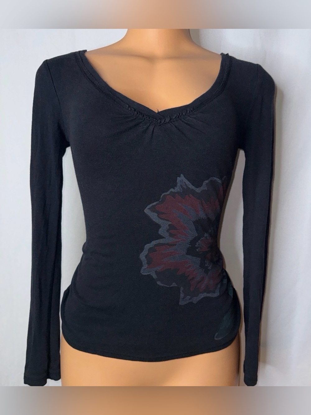 Black Long-Sleeve V-Neck Top with Floral Print